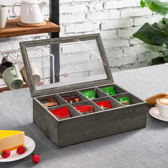 White Whale Tea Box Storage Natural Tea Chest Tea Bag Holder 8 Adjustable Tea Chest Compartments with Glass Window