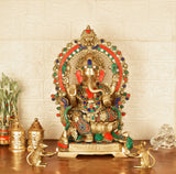 White Whale Lord Ganesh Murti Ganesha Idol Ganpati Brass Statue with Multicolor Stone Work for Home Decoration Showpiece