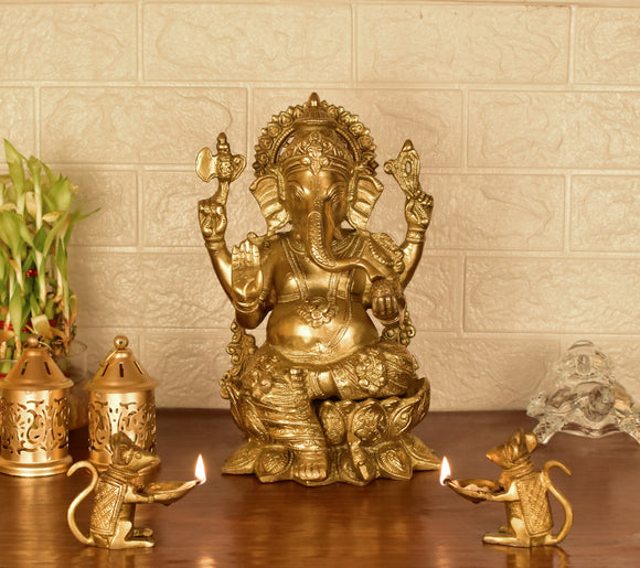 White Whale Brass Lord Ganesha Sitting On Lotus Statue Idol Home Decor Figurine (12 Inches)