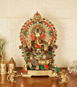 White Whale Lord Ganesh Murti Ganesha Idol Ganpati Brass Statue with Multicolor Stone Work for Home Decoration Showpiece