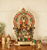 White Whale Lord Ganesh Murti Ganesha Idol Ganpati Brass Statue with Multicolor Stone Work for Home Decoration Showpiece