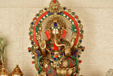 White Whale Lord Ganesh Murti Ganesha Idol Ganpati Brass Statue with Multicolor Stone Work for Home Decoration Showpiece