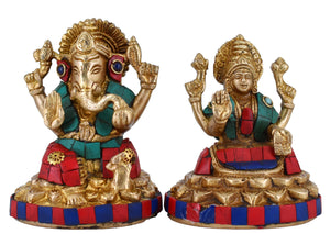 White Whale Brass Laxmi Ganesh Set Idol Showpiece - Brass Gold Finish Lakshmi Ganesha Idols Statue for Diwali Gifts Puja Home Decor Figurine