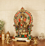 White Whale Lord Ganesh Murti Ganesha Idol Ganpati Brass Statue with Multicolor Stone Work for Home Decoration Showpiece