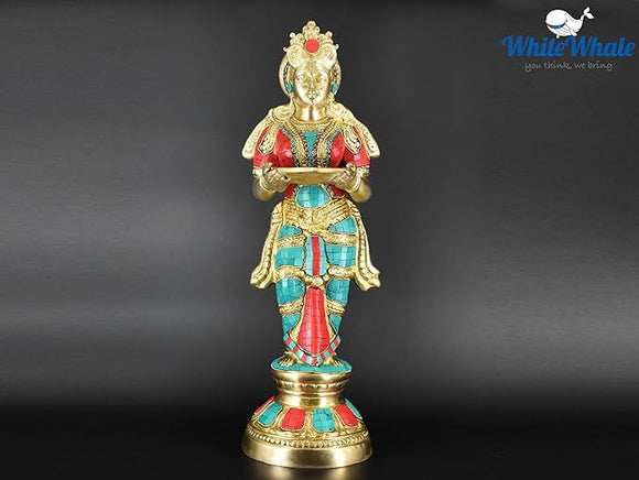 White Whale Brass Deeplaxmi Statue/Hand Carved Religious Standing Goddess Lakshmi/Diwali Oil Lamp Laxmi/Diya Holding Lady/Temple Decor Art