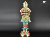 White Whale Brass Deeplaxmi Statue/Hand Carved Religious Standing Goddess Lakshmi/Diwali Oil Lamp Laxmi/Diya Holding Lady/Temple Decor Art