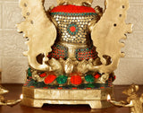 White Whale Lord Ganesh Murti Ganesha Idol Ganpati Brass Statue with Multicolor Stone Work for Home Decoration Showpiece