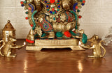 White Whale Lord Ganesh Murti Ganesha Idol Ganpati Brass Statue with Multicolor Stone Work for Home Decoration Showpiece