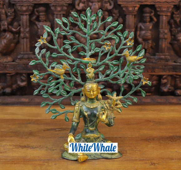 White Whale Brass Meditation Tara Buddha with a Rare Detailed Tree For Decor