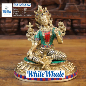 White Whale Brass Tara Meditation Position Idol Semi Precious Stone Work