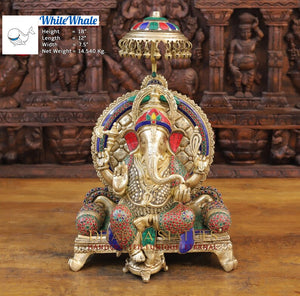 White Whale Brass Ganesha (Siddhivinayak) Statue Sitting on a Throne - Stone finish