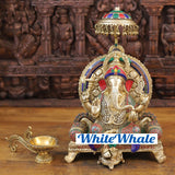 White Whale Brass Ganesha (Siddhivinayak) Statue Sitting on a Throne - Stone finish