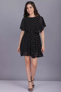 WhiteWhale Dresses for Women Regular Women's Fit & Flare Polka Print Short Dress.