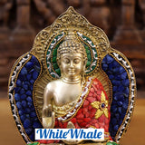 White Whale Brass Throne Buddha in Ornate Robe Embedded With Semi Precious Stone