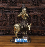 White Whale Brass Krishna Standing with Cow Playing Flute Big Statue - ( Copper and Golden Finish