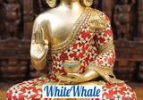 White Whale Brass Buddha sitting on a Lotus Platform - Semi Precious Stone Work