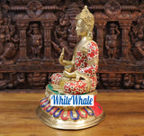 White Whale Brass Buddha sitting on a Lotus Platform - Semi Precious Stone Work