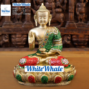 White Whale Brass Buddha sitting on a Lotus Platform - Semi Precious Stone Work