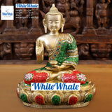 White Whale Brass Buddha sitting on a Lotus Platform - Semi Precious Stone Work