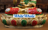 White Whale Brass Buddha sitting on a Lotus Platform - Semi Precious Stone Work