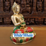 White Whale Brass Buddha sitting on a Lotus Platform - Semi Precious Stone Work