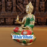 White Whale Brass Buddha sitting on a Lotus Platform - Semi Precious Stone Work