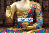 White Whale Brass Blessing Buddha on a Lion Paw Pedestal in Blue And Red Tone Semi-Stone Work