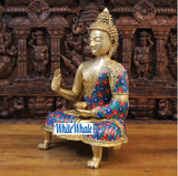 White Whale Brass Blessing Buddha on a Lion Paw Pedestal in Blue And Red Tone Semi-Stone Work