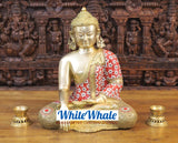 White Whale Brass Calling the Earth Buddha in Ornated robe with semi precious stone