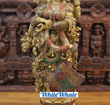 White Whale Brass Saundaryam Krishna Radha Standing on Lotus playing Flute- Embedded in Semi-Precious Stone