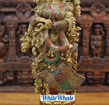 White Whale Brass Saundaryam Krishna Radha Standing on Lotus playing Flute- Embedded in Semi-Precious Stone