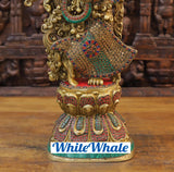 White Whale Brass Saundaryam Krishna Radha Standing on Lotus playing Flute- Embedded in Semi-Precious Stone