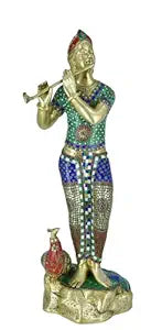 White Whale Lord Krishna Statue | Beautiful Clay Handmade Krishna Big Standing Lord Krishna Murti Playing Flute with Side Peacock.