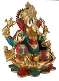 White Whale Large Lord Ganesh Murti Ganesha Idol Ganpati Brass Statue With Multicolor Stone Work for Home Decoration Showpiece