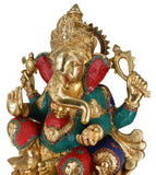 White Whale Large Lord Ganesh Murti Ganesha Idol Ganpati Brass Statue With Multicolor Stone Work for Home Decoration Showpiece