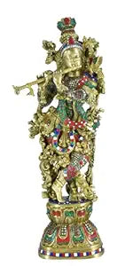 White Whale Krishna Statue | Big Brass Krishna Idol | Flute Krishna | Colourful Krishna with Stone Work | God of Love.