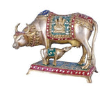 White Whale Brass Kamdhenu Cow with Calf Statue Stonework, Holy Cow Idol, Showpiece for Home Decor, Handmade Divine Cow, The Cow of Wishes.