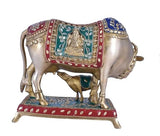 White Whale Brass Kamdhenu Cow with Calf Statue Stonework, Holy Cow Idol, Showpiece for Home Decor, Handmade Divine Cow, The Cow of Wishes.