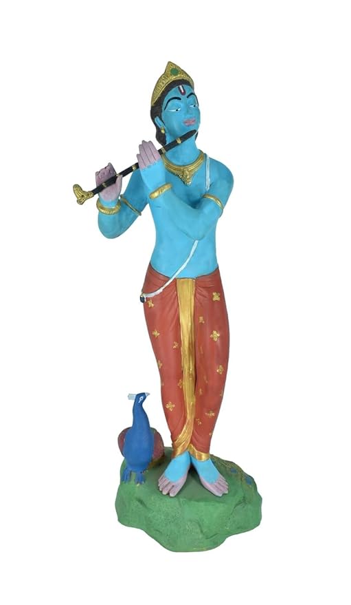 White Whale Lord Krishna Statue | Beautiful Clay Handmade Krishna Big Standing Lord Krishna Murti Playing Flute with Side Peacock.