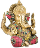 White Whale Lord Ganesh Murti Ganesha Idol Ganpati Brass Statue With Multicolor Stone Work for Home Decoration Showpiece