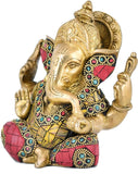 White Whale Lord Ganesh Murti Ganesha Idol Ganpati Brass Statue With Multicolor Stone Work for Home Decoration Showpiece