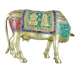 White Whale Brass Kamdhenu Cow with Calf Statue Stonework, Holy Cow Idol, Showpiece for Home Decor, Handmade Divine Cow, The Cow of Wishes.