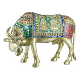 White Whale Brass Kamdhenu Cow with Calf Statue Stonework, Holy Cow Idol, Showpiece for Home Decor, Handmade Divine Cow, The Cow of Wishes.