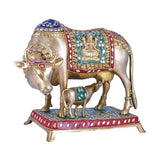 White Whale Brass Kamdhenu Cow with Calf Statue Stonework, Holy Cow Idol, Showpiece for Home Decor, Handmade Divine Cow, The Cow of Wishes.