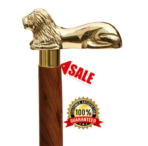 White Whale LION Walking Stick - Men Derby Canes and Wooden Walking Stick for Men and Women - 37" Brown Ebony Brass Handle in Golden Tone Natural Wood Unisex Cane