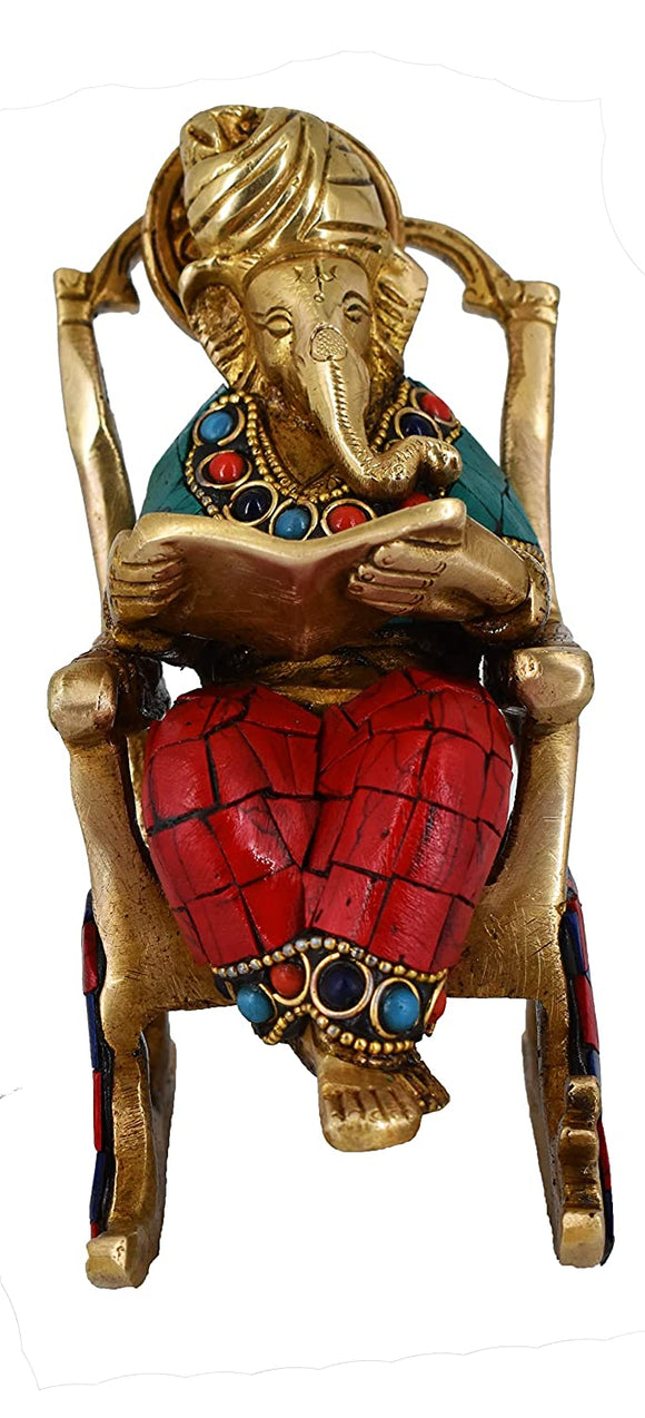 Whitewhale Brass Ganesha Statue Ramayan Reading Turbaned Ganesh Sitting on Chair Sculpture