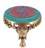 Whitewhale Brass Round Chowki with Elephant Pillars and Bells with Stone Work, Brass Pooja Chowki for Home Temple, Religious Home Decor