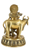 White Whale Lord Krishna with Cow Brass Statue Religious Strength God Sculpture Idol Home Decor Figurine