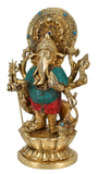 Whitewhale 11" Kana Drishta Ganapathi Ganesha Ganesh Statue Brass Turquoise Multi Arm Sculpture