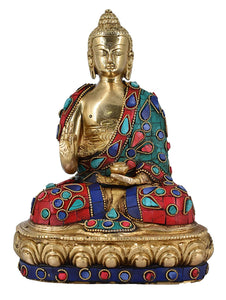 White Whale Brass Buddha in Blessing Posture Buddhism Idol With Multicolor Stone Work feng Shui Home Decorative Showpiece